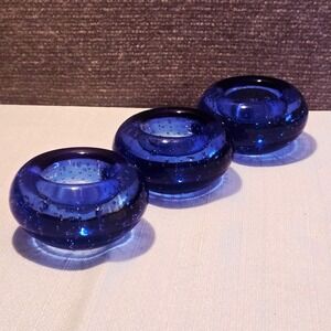 3 IKEA Blue Art Glass Controlled Bubble Paperweight Tea light Candle Holder Set